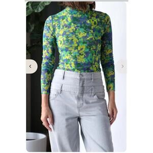 GANNI | Floral Printed Mesh L/S Fitted Rollneck Top Green Abstract Size 32 XS